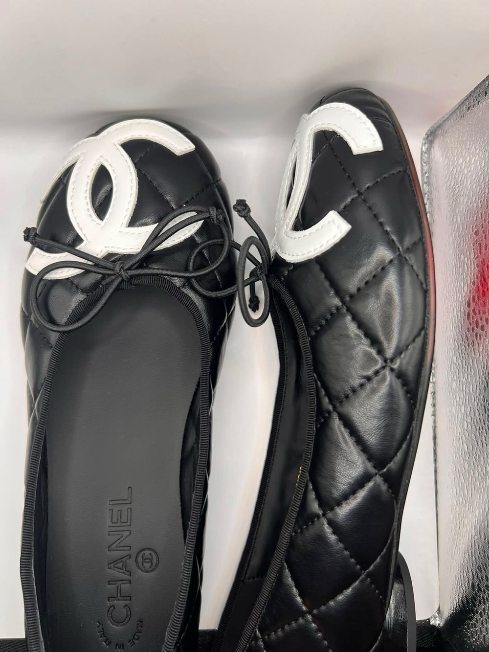 Black Quilted Leather Ballet Flats with White CC Logo - Picture 3 of 7
